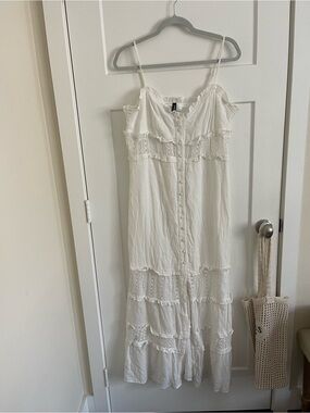 Divided White Crochet-Trim Maxi Dress